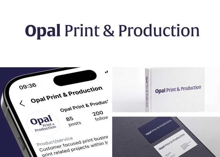 Opal Print & Production brand applied to a social profile, a book cover and business cards